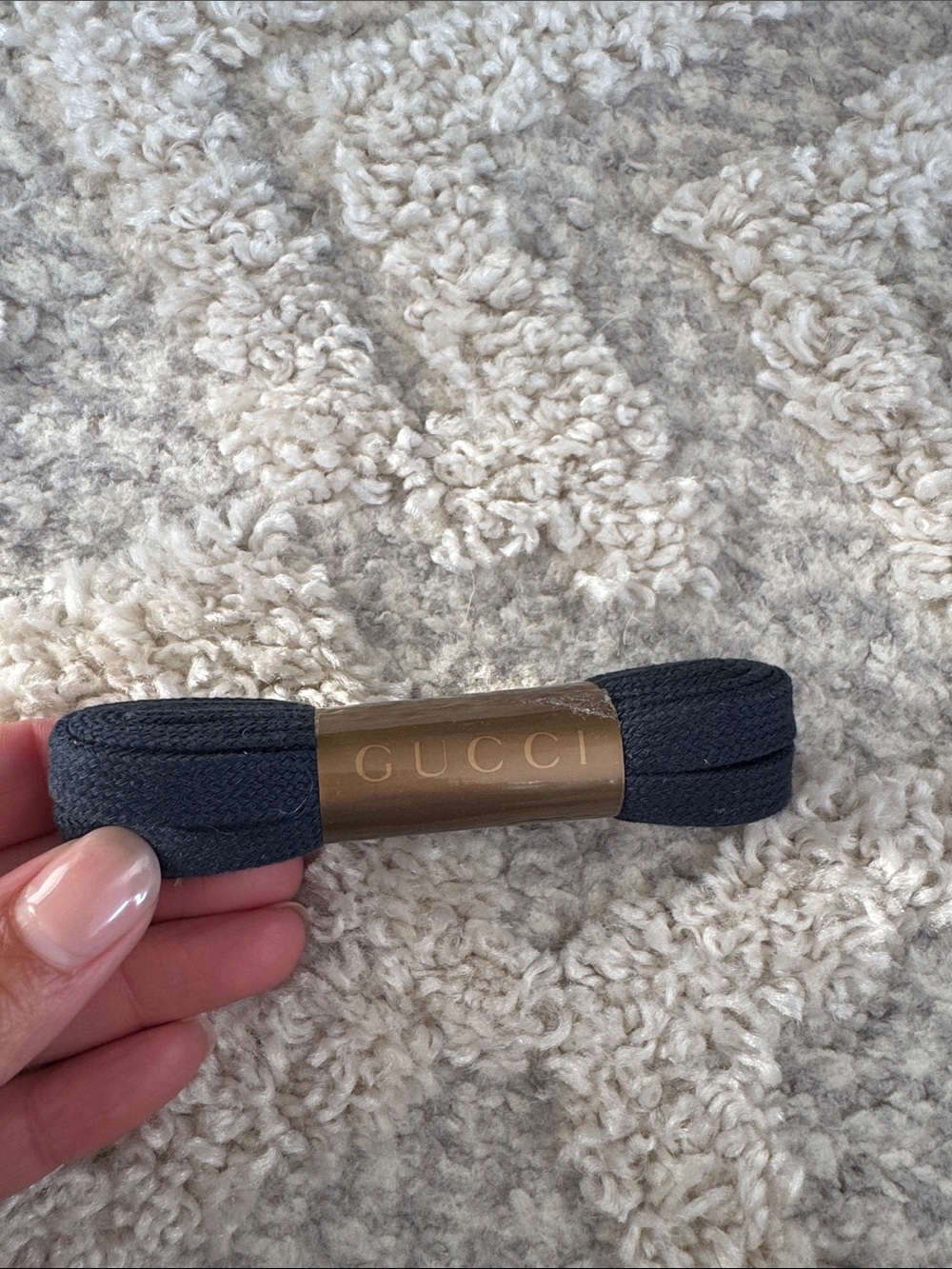Gucci Men’s Dark Gray Shoelaces with Gold Logo Sleeve